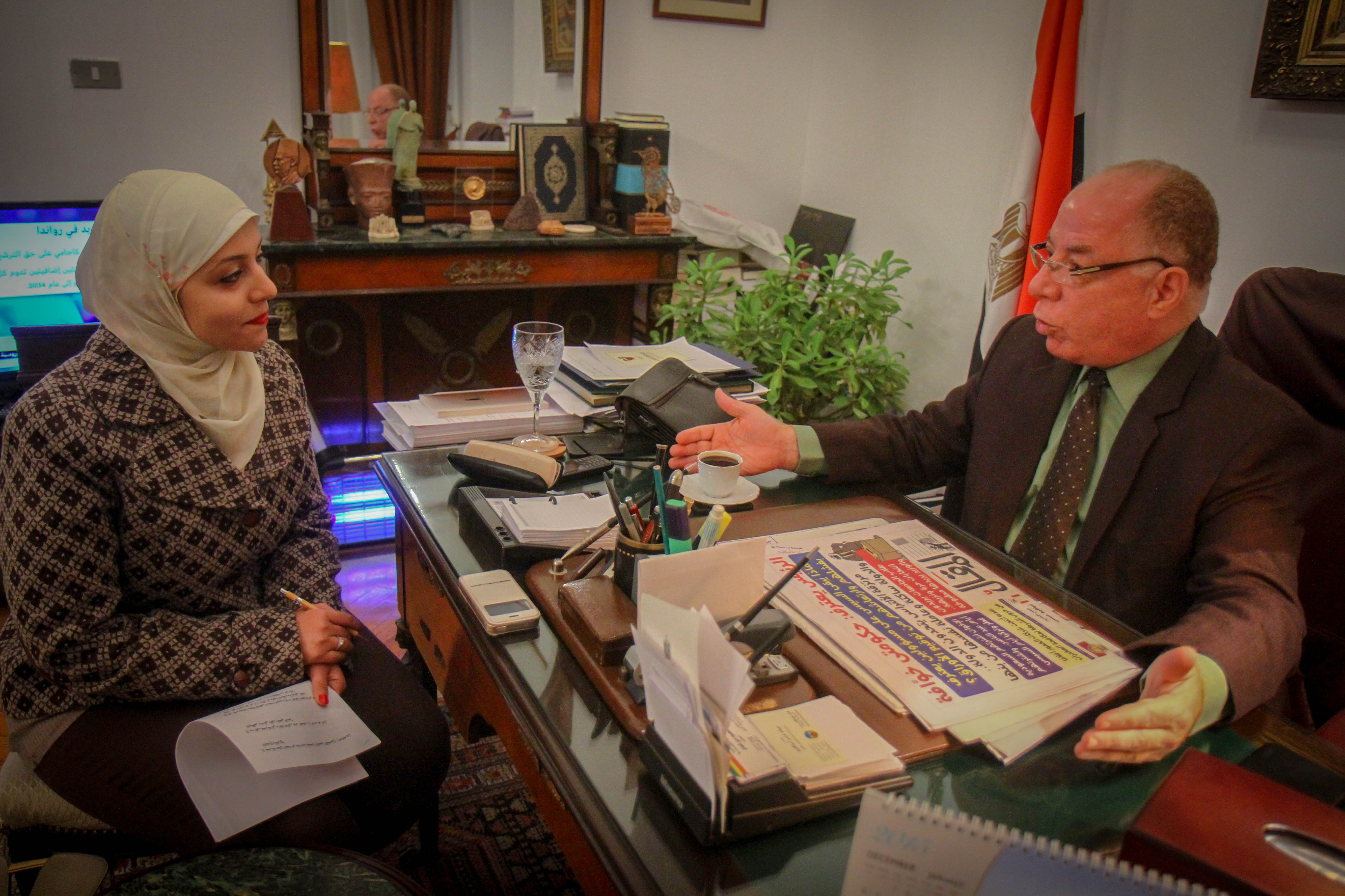 The Cairo Post reporter interviewing Minister of Culture Helmy al-Namnam at the Ministry headquarters in Zamalek, Cairo, on Dec. 19, 2015- THE CAIRO POST/ Amr Mostafa