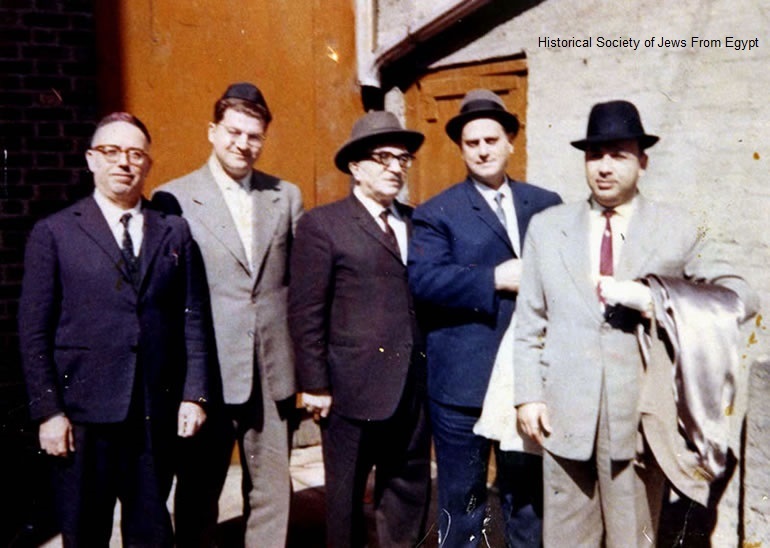 Saul Chamoula, Joseph Hamaoui, < ?? > Joseph Barnathan, Rabbi Abraham Choueka. Picture taken in the backyard of the Magen David synagogue 67 street Brooklyn, NY 1965-1966